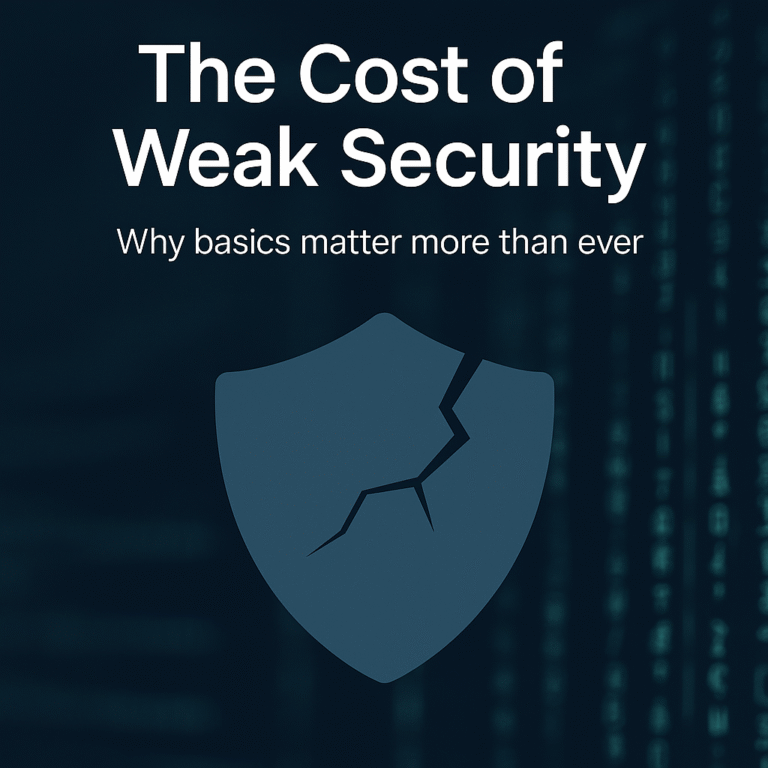 Digital illustration of a cracked security shield over a background of glowing code, symbolizing weak cybersecurity defenses.