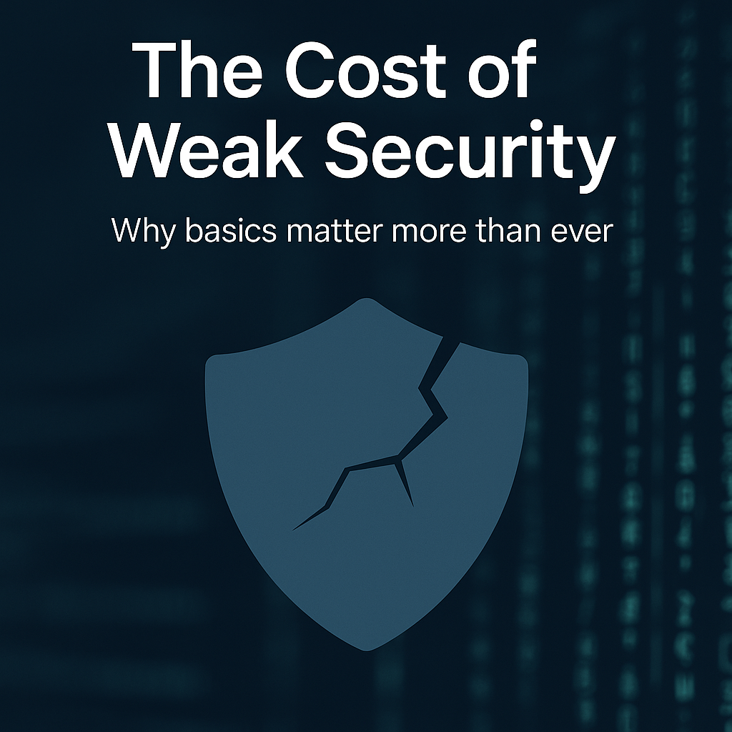 Digital illustration of a cracked security shield over a background of glowing code, symbolizing weak cybersecurity defenses.